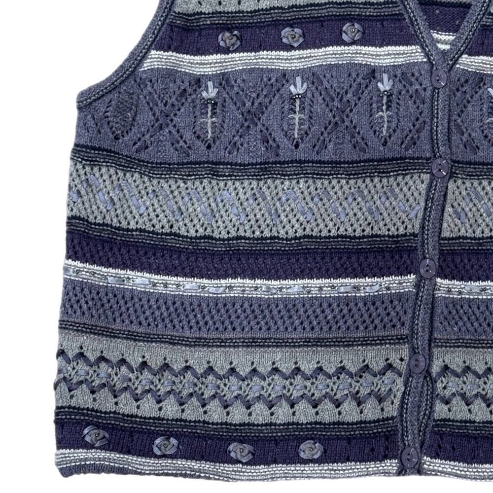 Vintage Koret Knit Sweater Vest Purple Floral Ramie Wool Blend Women's Large - Picture 4 of 7